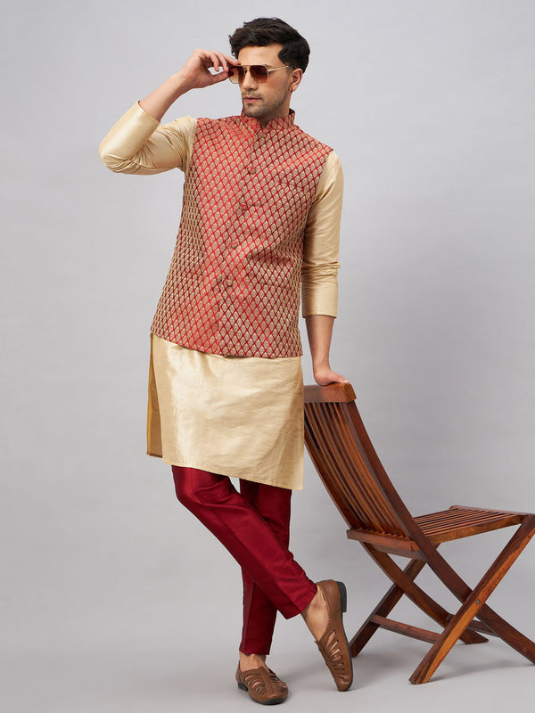 Jashvi Men's Maroon Silk Blend Ethnic Jacket With Gold Kurta and Maroon Pant Style Pyjama Set