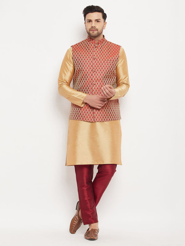 Jashvi Men's Maroon Silk Blend Ethnic Jacket, Rose Gold Kurta and Maroon Pant Syle Pyjama Set