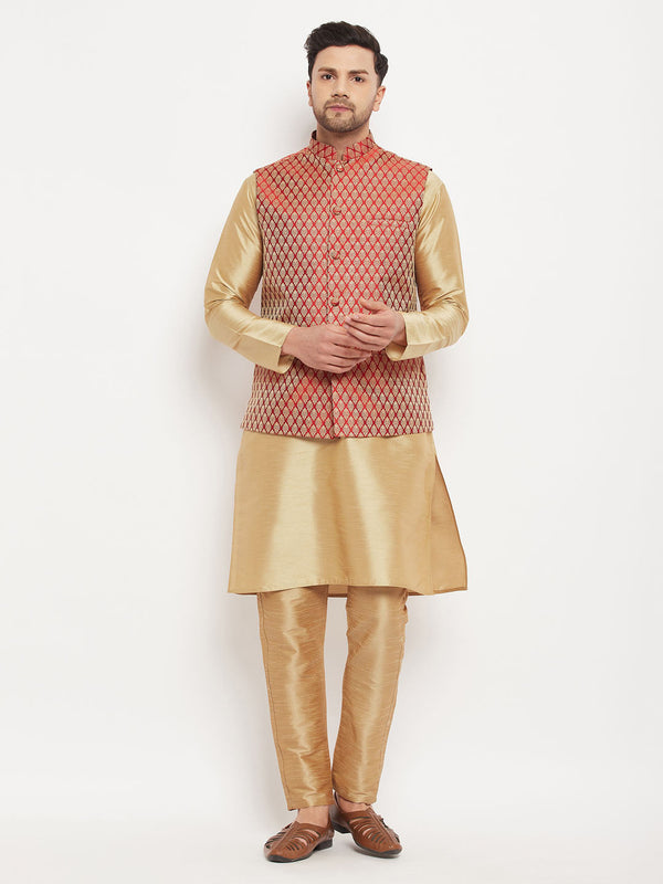 Jashvi Men's Rose Gold Silk Blend Kurta And Pant Style Pyjama With Maroon Woven Nehru Jacket