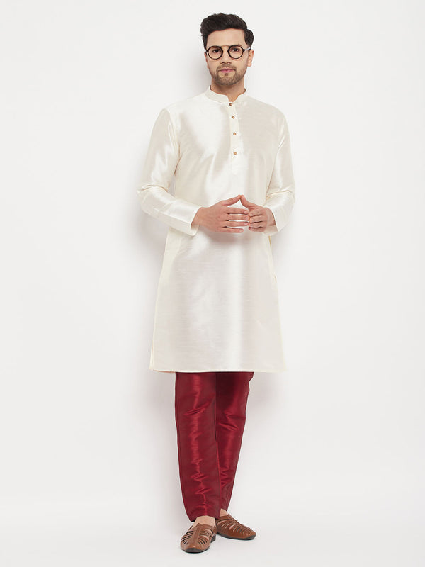 Jashvi Men's Cream Cotton Silk Blend Kurta and Maroon Pant Style Pyjama Set