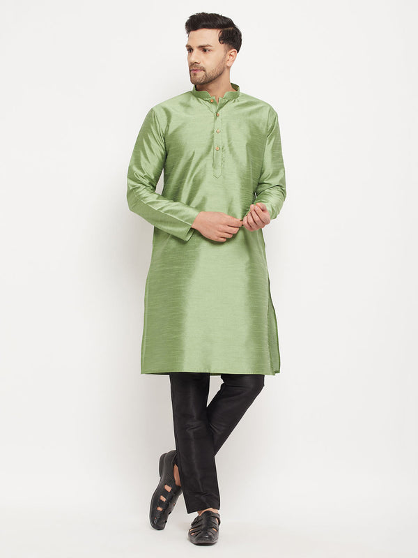 VM BY Men's Light Green Cotton Silk Blend Kurta and Black Pant Style Pyjama Set