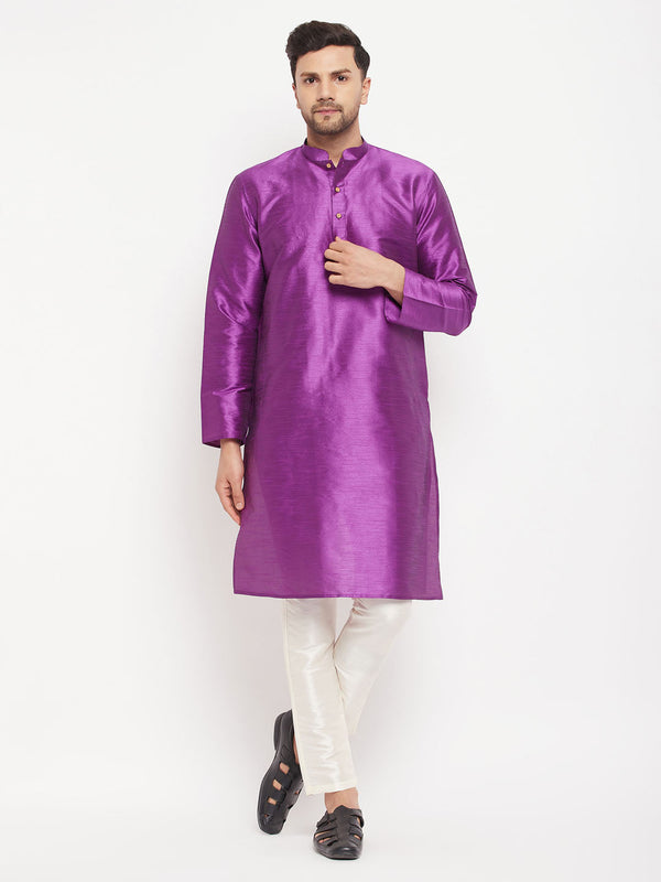 Jashvi Men's Purple Cotton Silk Blend Kurta and Cream Pant Style Pyjama Set