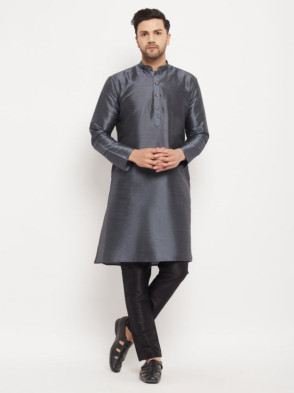 Jashvi Men's Grey Cotton Silk Blend Kurta and Black Pant Style Pyjama Set