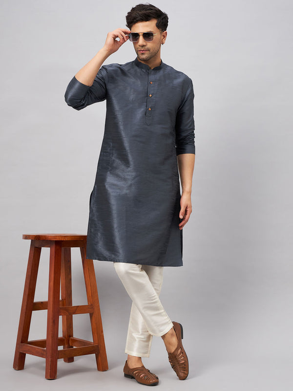 Jashvi Men's Grey Cotton Silk Blend Kurta and Cream Pant Set