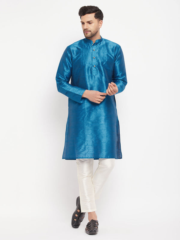 Jashvi Men's Turquoise Blue Cotton Silk Blend Kurta and Pant Style Pyjama Set