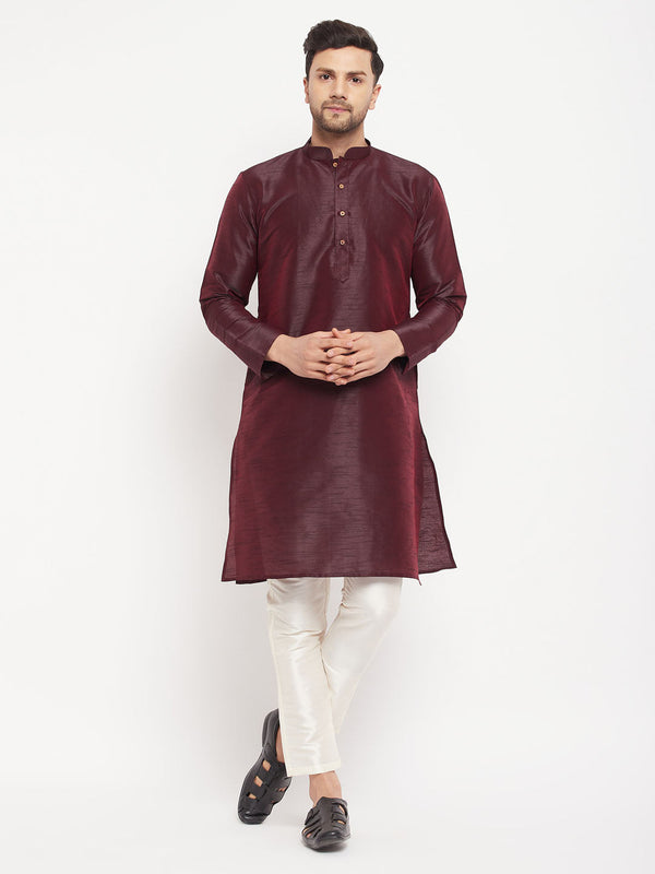 Jashvi Men's Burgundy Silk Blend Kurta and Cream Pant Style Pyjama Set