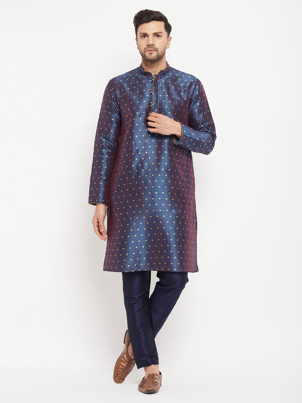 Jashvi Men's Navy Blue Zari Weaved Kurta And Pant Set