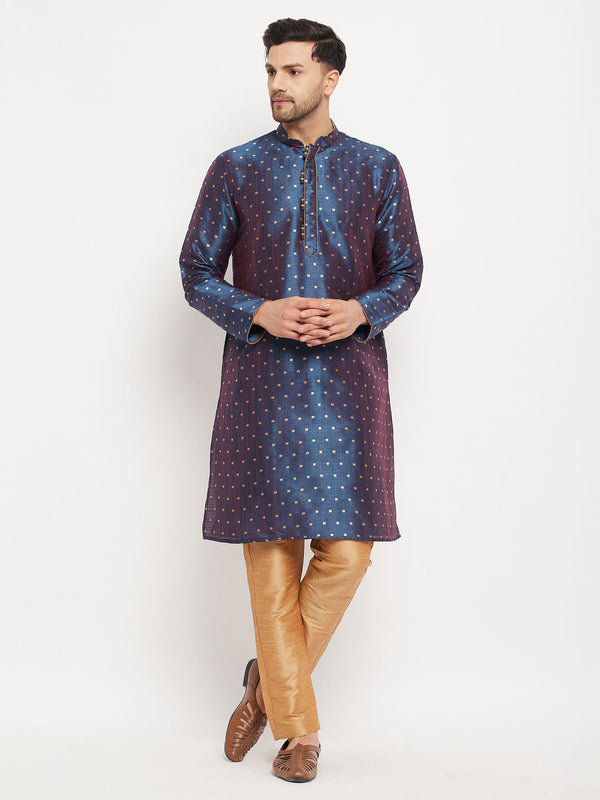 Jashvi Men's Navy Blue Zari Weaved Kurta And Pant Set