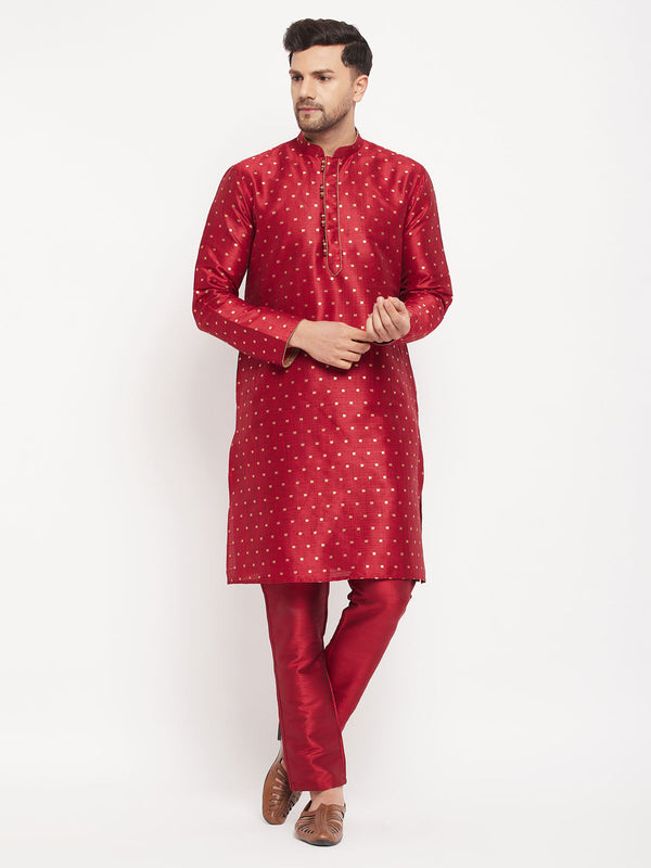 Jashvi Men's Maroon Zari Weaved Kurta And Pant Set