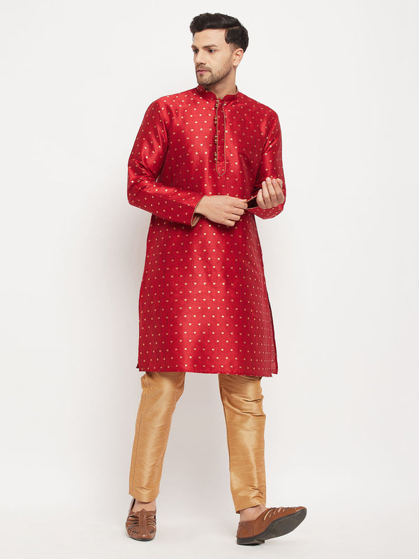 Jashvi Men's Maroon Zari Weaved Kurta And Pant Set