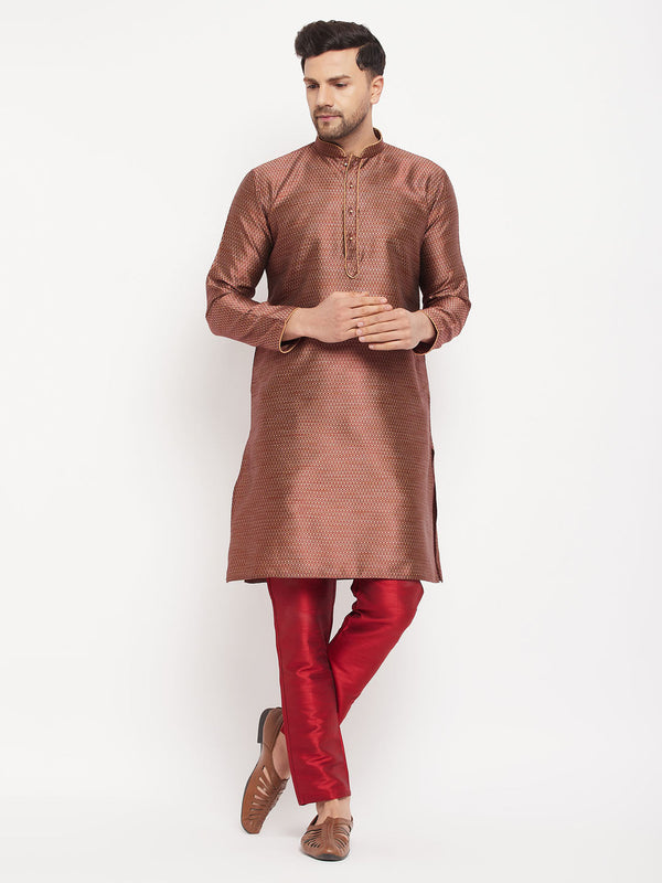 Jashvi Men's Maroon Silk Blend Kurta and Maroon Pant Style Pyjama Set