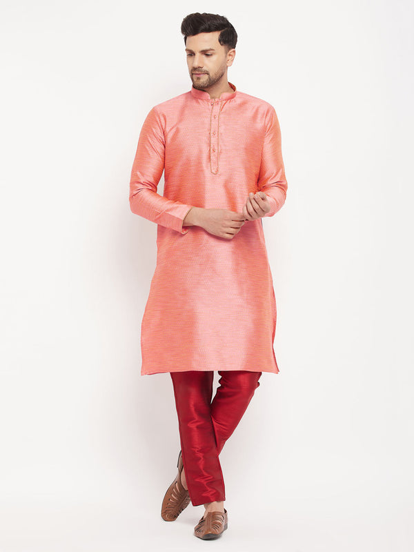 Jashvi Men's Pink Silk Blend Kurta and Maroon Pant Style Pyjama Set