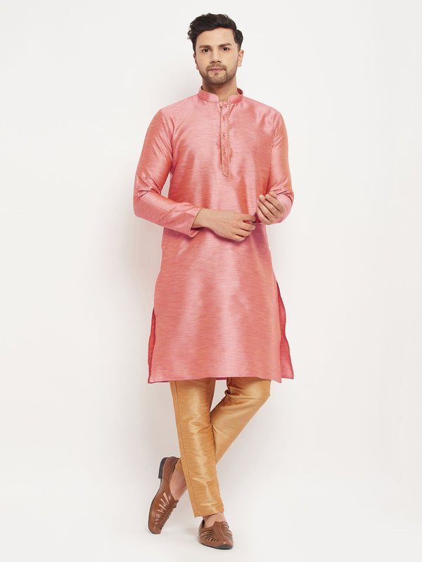 Jashvi Men's Pink Silk Blend Kurta and Rose Gold Pant Style Pyjama Set