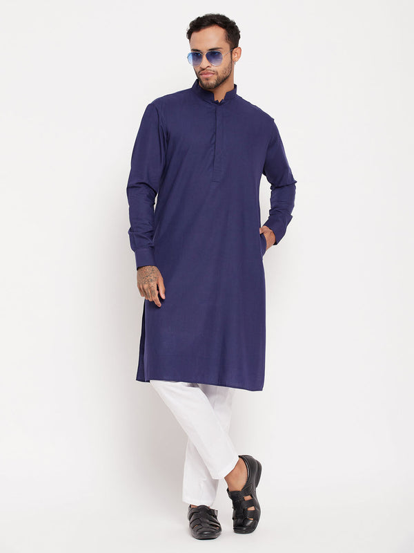 Jashvi Men's Blue Cotton Blend Kurta and White Pnt Style Pyjama Set