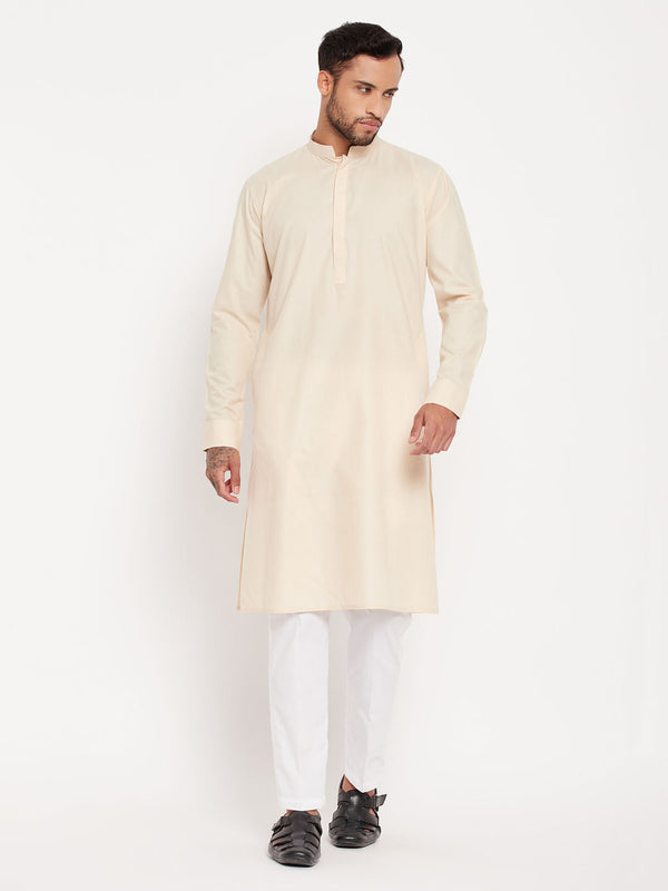 Jashvi Men's Cream Cotton Blend Kurta and White Pant Style Pyjama Set