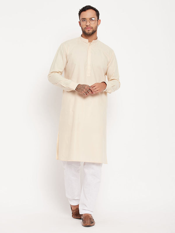 Jashvi Men's Cream Cotton Blend Kurta and White Pyjama Set