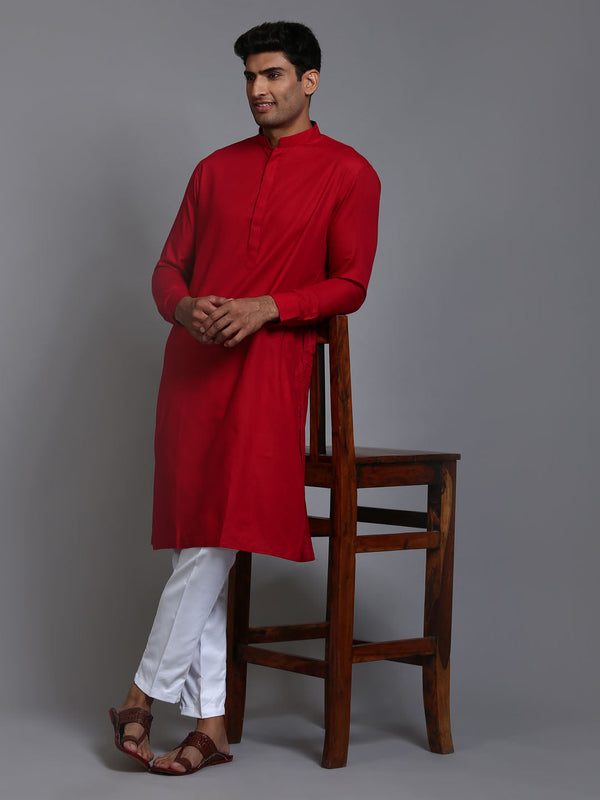 Jashvi Men's Maroon Cotton Blend Kurta and White Pant Set