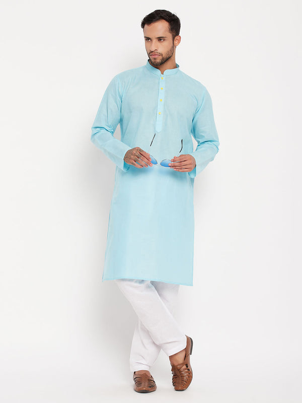 Jashvi Men's Aqua Blue Kurta And White Pyjama Set