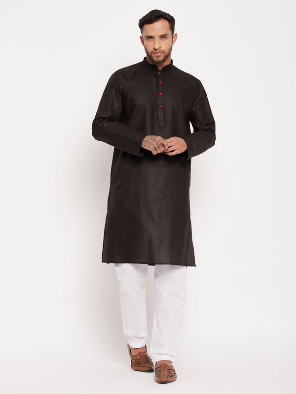 Jashvi Men's Black Cotton Kurta And White Pyjama Set