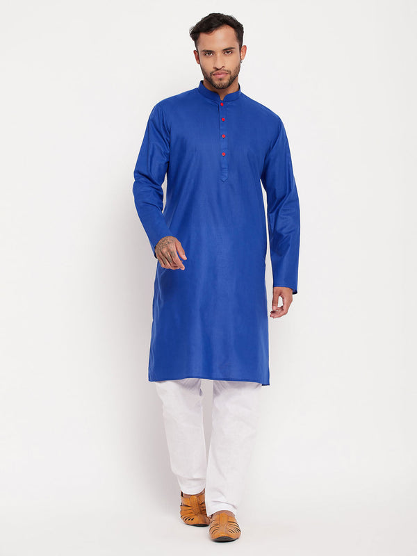 Jashvi Men's Blue Cotton Kurta And White Pyjama Set