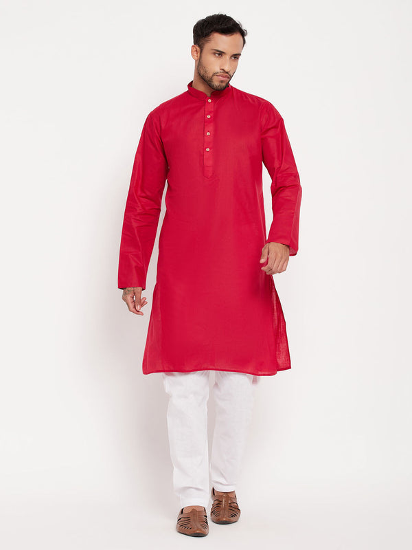 Jashvi Men's Maroon Cotton Kurta And White Pyjama Set