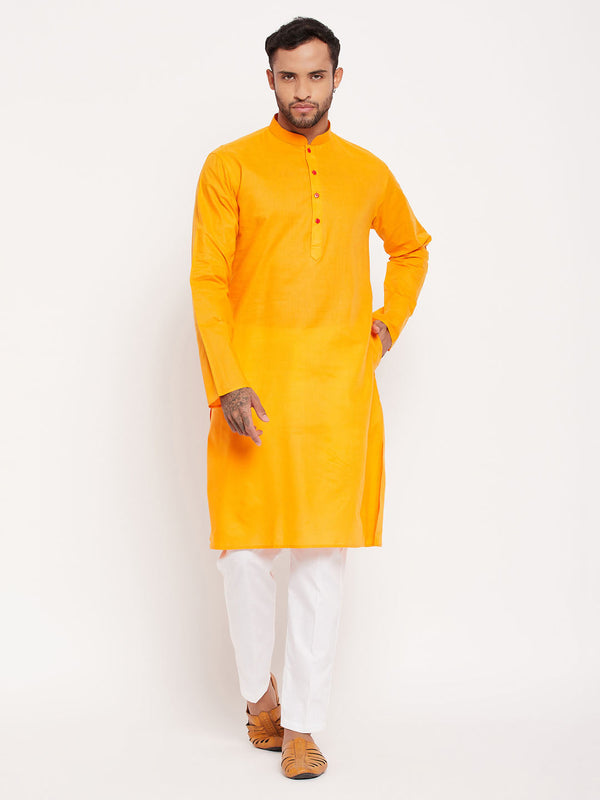 Jashvi Men's Orange Kurta And White Pant Style Pyjama Set