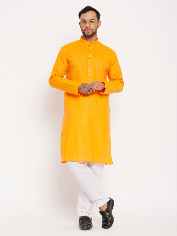 Jashvi Men's Orange Cotton Kurta And White Pyjama Set