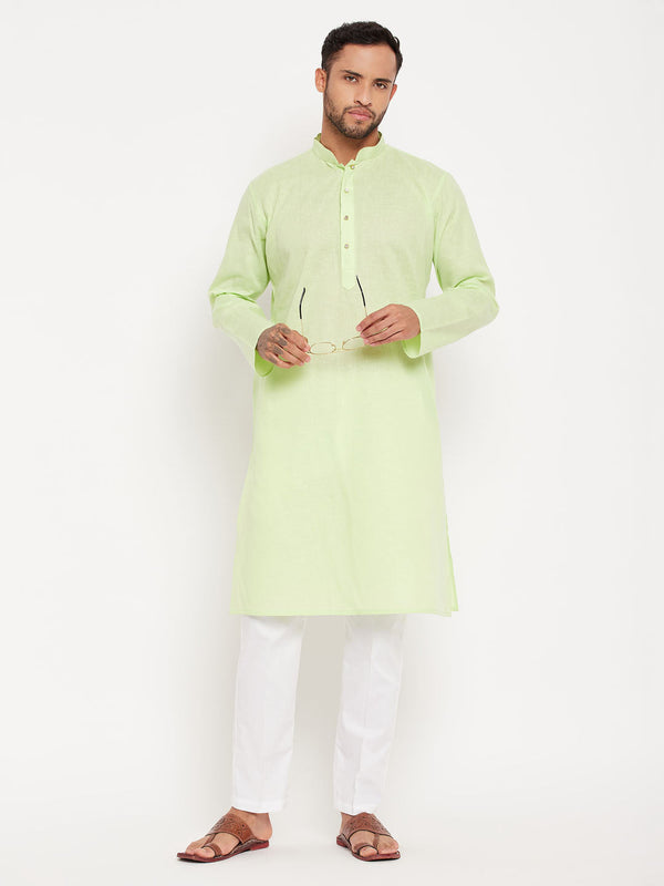 Jashvi Men's Green Kurta And White Pant Style Pyjama Set