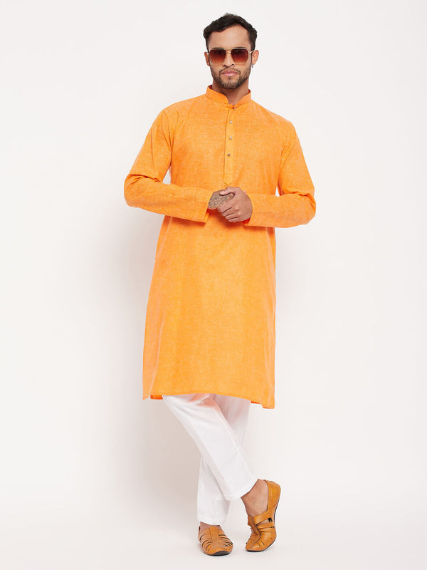 Jashvi Men's Orange Kurta And White Pant Style Pyjama Set