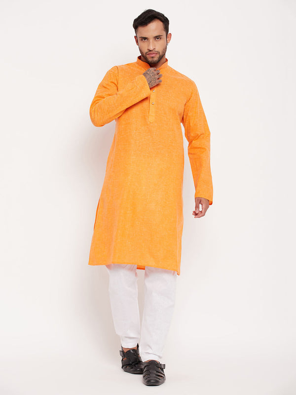 Jashvi Men's Orange Cotton Kurta And White Pyjama Set