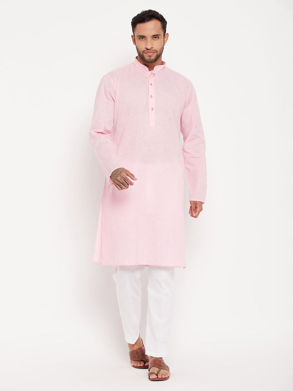 Jashvi Men's Pink Kurta And White Pant Style Pyjama Set