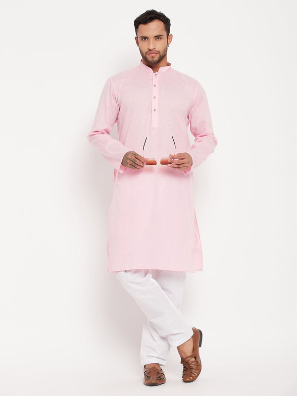 Jashvi Men's Pink Cotton Kurta And White Pyjama Set