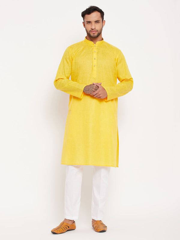 Jashvi Men's Yellow Kurta And White Pant Style Pyjama Set