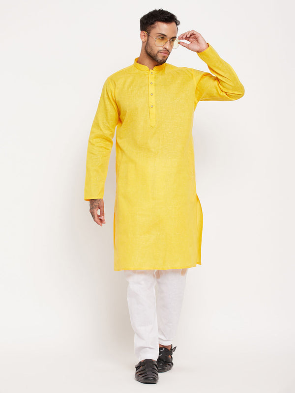 Jashvi Men's Yellow Cotton Kurta And White Pyjama Set