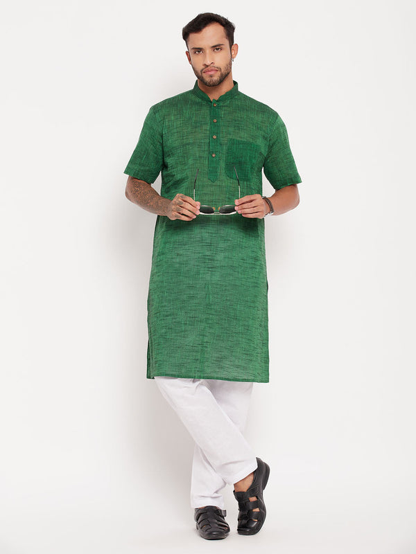 Jashvi Men's Solid Green Pure Cotton Kurta With White Pyjama Set