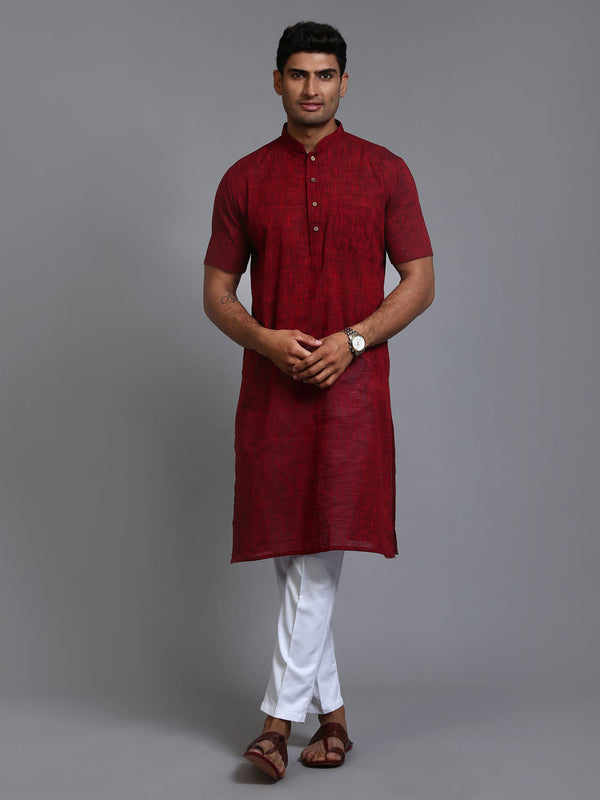 VM Men's Maroon And White Cotton Kurta Pyjama Set