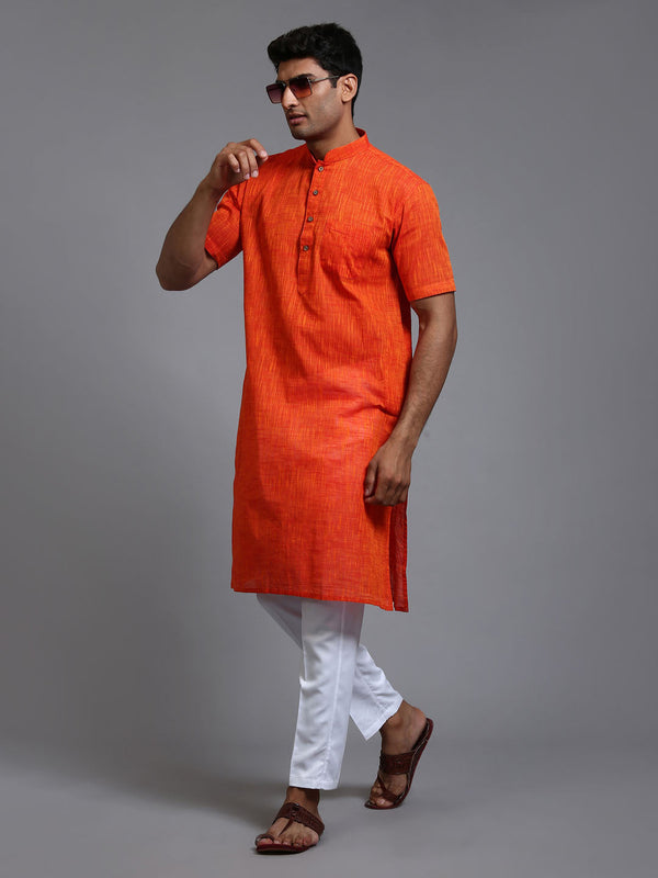 Jashvi Men's Solid Orange Pure Cotton Kurta Pant Set