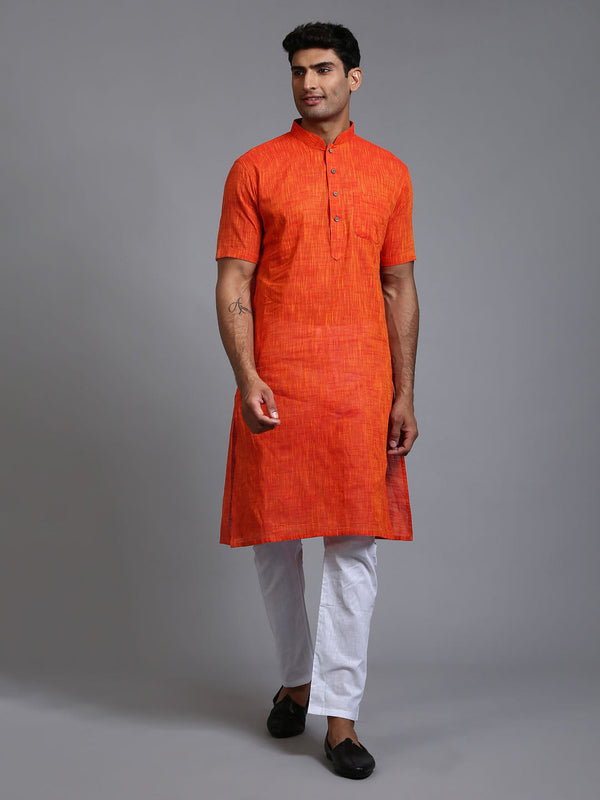 Jashvi Men's Solid Orange Pure Cotton Kurta Pyjama Set