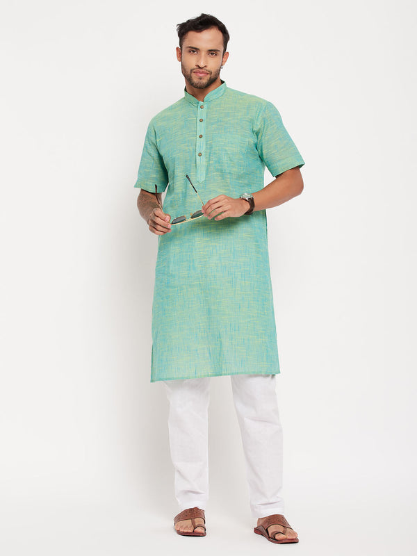 Jashvi Men's Solid Parrot Green Pure Cotton Kurta With White Pyjama Set