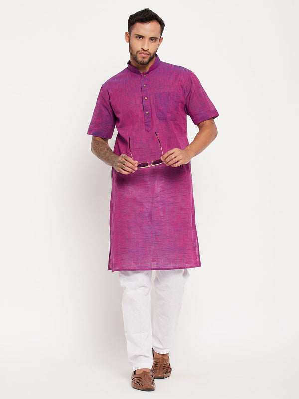 Jashvi Men's Solid Purple Pure Cotton Kurta With White Pyjama Set