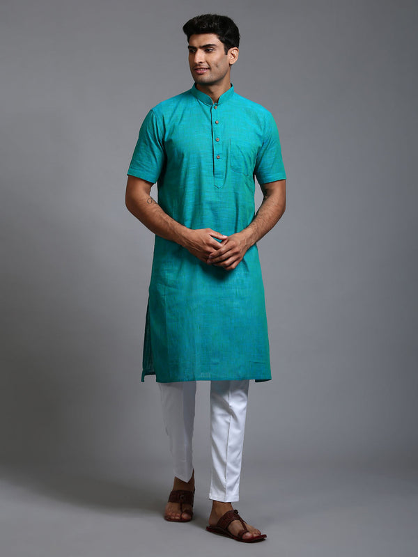 Jashvi Men's Solid Turquoise Blue Pure Cotton Kurta Pant Set