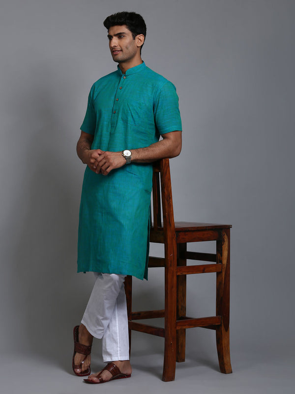 Jashvi Men's Solid Turquoise Blue Pure Cotton Kurta Pyjama Set