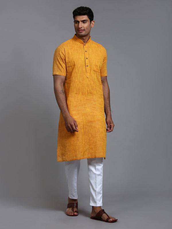 Jashvi Men's Solid Yellow Pure Cotton Kurta Pant Set