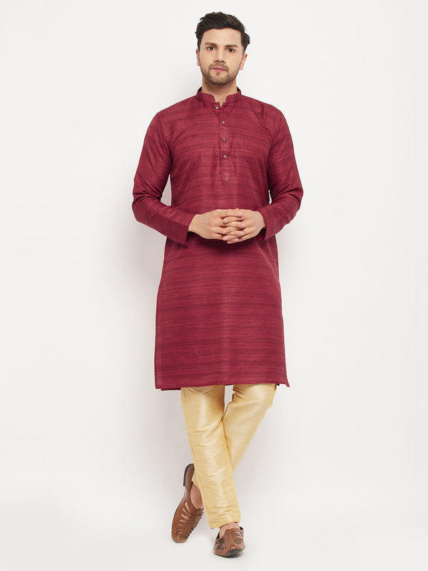 Jashvi Men's maroon Matka Silk Kurta and Gold Pant Style Pyjama Set