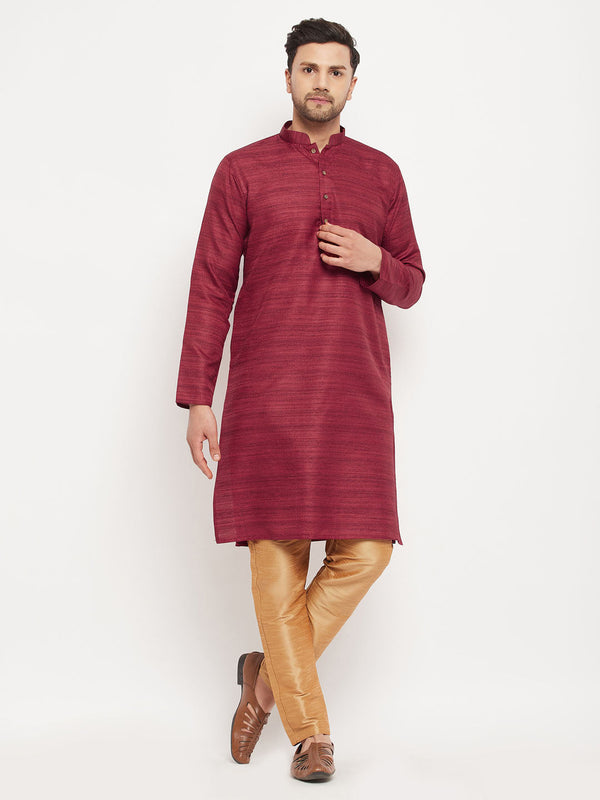 Jashvi Men's Maroon Matka Silk Kurta and Rose Gold Pant Style Pyjama Set