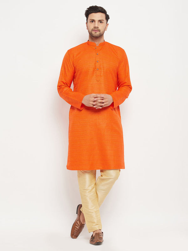 Jashvi Men's Orange Matka Silk Kurta and Gold Pant Style Pyjama Set