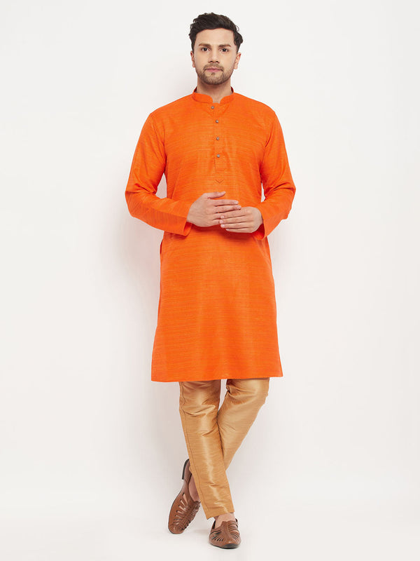 Jashvi Men's Orange Matka Silk Kurta and Rose Gold Pant Style Pyjama Set