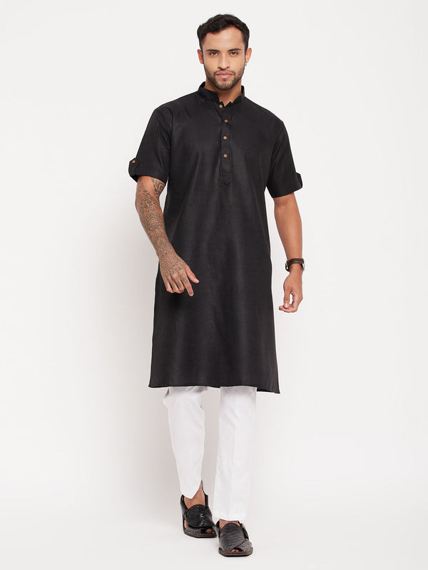 Jashvi Men's Black Solid Kurta with White Pant Style Pyjama Set