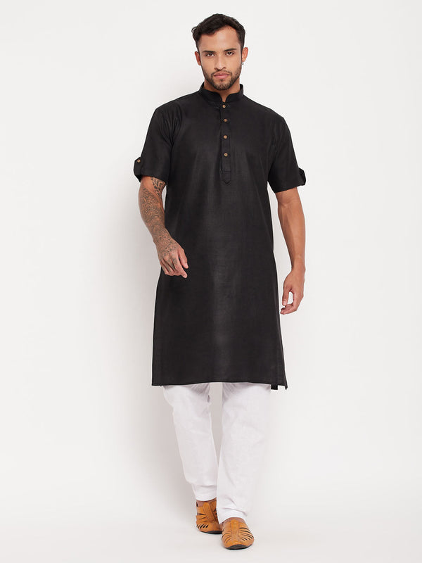 Jashvi Men's Black Solid Kurta with White Pyjama Set