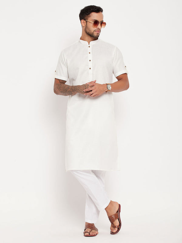 Jashvi Men's Cream Solid Kurta with White Pant Style Pyjama Set